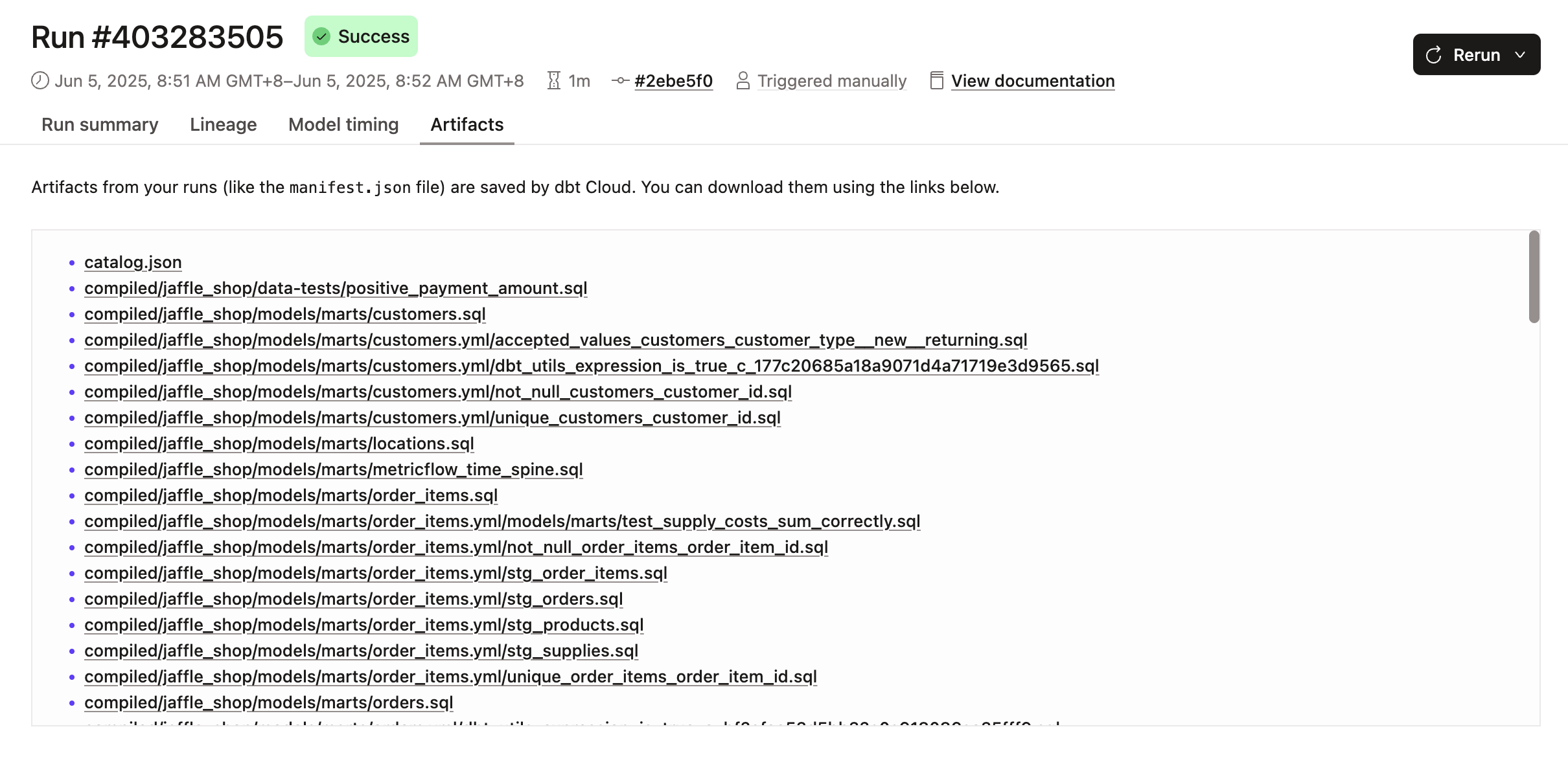 Example of the Artifacts tab